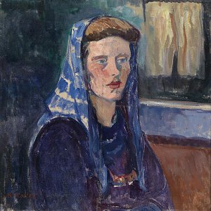 Frau mit blauem Kopftuch Kunstdruck