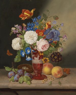 Blumenstrauß in einer Vase umgeben von Früchten Kunstdruck